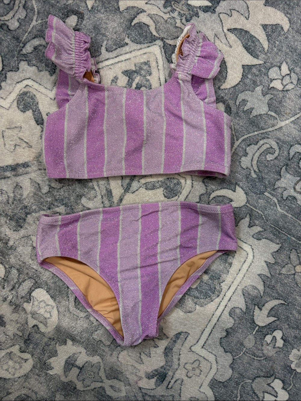 J. Crew Girls Lavender and Silver Stripe Ruffle Bikini